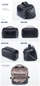 Detailansicht einer schwarzen Kulturtasche aus Leder aus verschiedenen Blickwinkeln