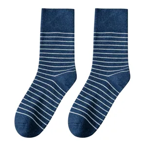 Blue and white striped cotton mid-calf socks for men, retro athletic crew socks