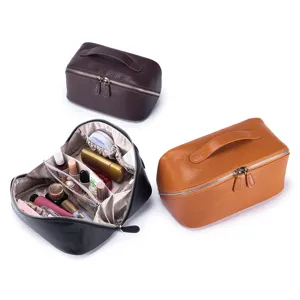 Große Kapazität Vegetabil Gegerbtes Kopfschicht Rindsleder Kosmetiktasche Tragbare Reise Kulturbeutel Handtasche Für Damen