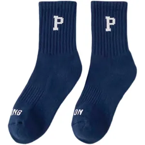 Navy blue thick thermal terry crew socks for women with white P letter embroidery