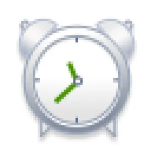 Close-up of a pixel art white alarm clock icon with green hands on a black background
