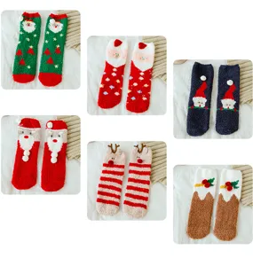 Six styles of festive Christmas fuzzy socks with Santa and reindeer motifs