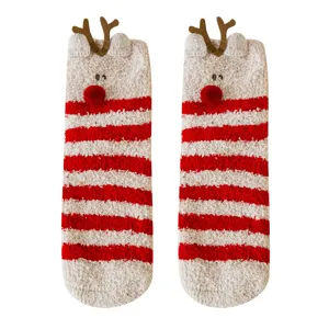 Christmas reindeer fluffy socks in red and white stripes with coral fleece material