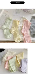 Women Cute Ruffled Ribbed Mid-Tube Socks Pastel Casual Cotton Crew Socks For Daily Wear