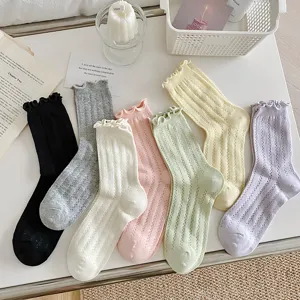 Women Casual Cotton Crew Socks Ruffle Edge Mesh Breathable Striped Athletic Socks Preppy Style Mid Calf Socks Gift