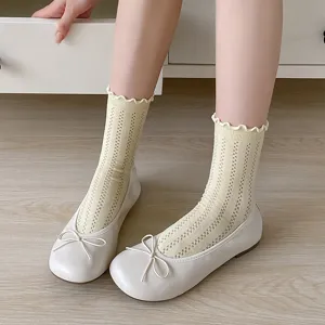 Women cute frilly mid-calf socks with comfortable white flat shoes for daily wear