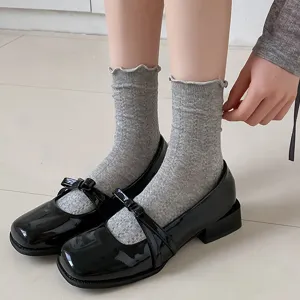 Grey ruffle textured mid-calf socks for women, vintage college style hosiery daily wear.