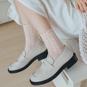 Women's casual mid-tube socks paired with stylish platform loafers for daily wear, sweet style.