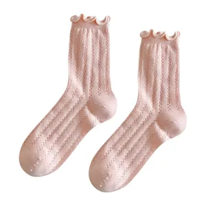 Women pink ruffle trim crew socks breathable hollow out ribbed knit cute casual hosiery