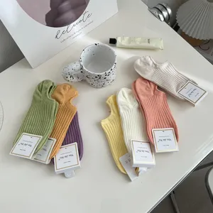 Colorful cotton ribbed low cut socks in pastel candy colors, breathable invisible socks for women