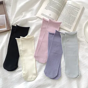 Damen einfarbige mittlere Baumwollsocken japanischer Stil süße Rollbündchen Alltagssocken