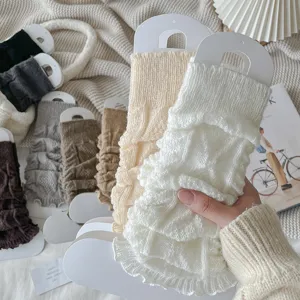 Winter fleece-lined cable knit ruffled solid color leg warmers Y2K Japanese school style