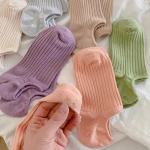 Detail showing silicone anti-slip grip on heel of colorful cotton invisible boat socks