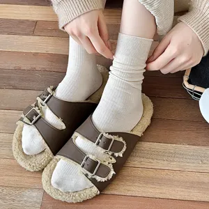 Cozy women's ribbed mid-calf cotton socks in solid color, perfect for autumn winter daily wear.