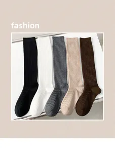 Women's solid color ribbed knee high socks spring autumn cotton casual long tube socks