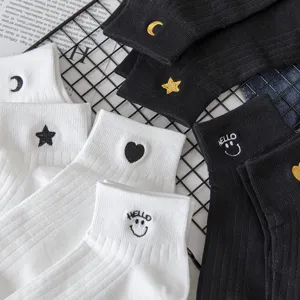 Cotton short socks with cute embroidery star moon heart smiley face design casual comfort