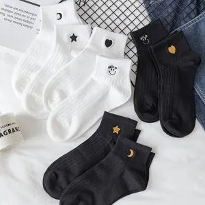 Women Casual Cotton Crew Socks Preppy Style Cute Embroidered Heart Star Moon Smile Low Cut Short Socks