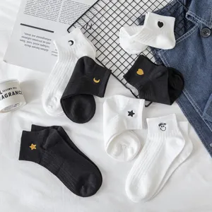 Cute embroidered short socks, black and white cotton ankle socks with sweet design.
