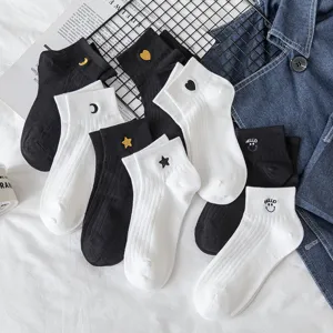 Women cute embroidered short socks cotton casual low cut black white daily wear college style