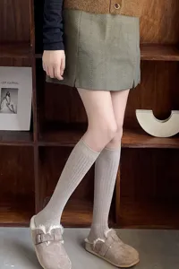 Japanese Style Solid Color Ribbed Calf Socks For Women Cotton Versatile Slimming Thickened Knee High Casual Slouch Socks