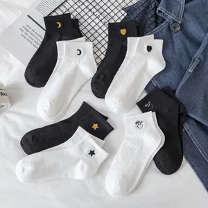 Cute women short socks cotton black white cute embroidery low cut ankle socks casual daily