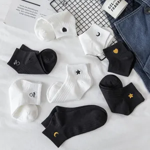 Cute embroidered short socks for women, black and white cotton ankle socks for daily wear.