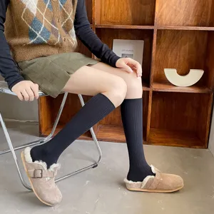 Women knee high socks solid color ribbed long socks Japanese style cotton fashion casual socks