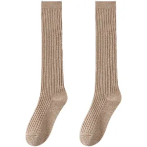 Women's spring autumn solid color ribbed knee high socks long cotton stockings fashion