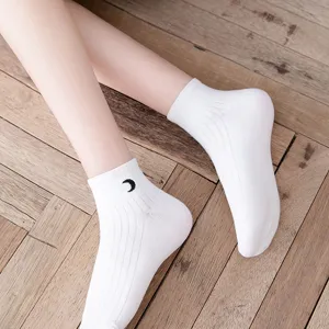 White cotton ankle socks with black moon embroidery, cute college style short socks.