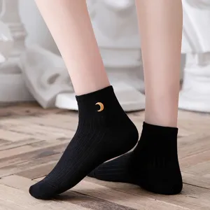 Women black ankle socks with cute yellow moon embroidery cotton casual short socks trendy style