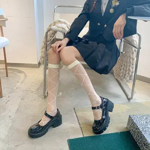 White sheer mesh Lolita knee-high socks with lattice pattern for JK school uniform style