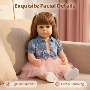 Realistic Reborn Baby Doll Full Vinyl Body Lifelike Reborn Girl Doll With Denim Jacket Pink Mesh Skirt Brown Long Hair Gift For Kids