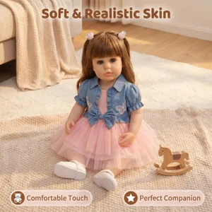 22-inch lifelike reborn doll Ellie in denim jacket and pink dress with soft skin texture