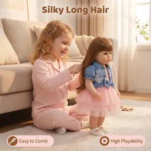 Lifelike 22-inch reborn doll with silky long brown hair and denim jacket outfit
