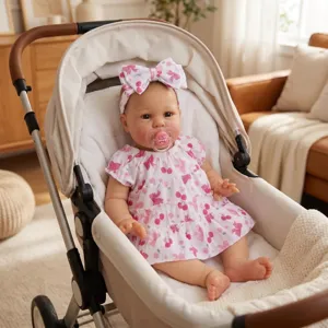 Lifelike 22-inch reborn doll Ellie in cherry butterfly cake dress sitting in stroller
