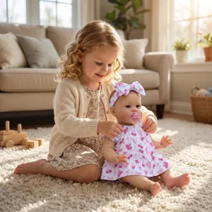22-inch reborn doll in pink cherry butterfly dress with young girl in cozy living room.