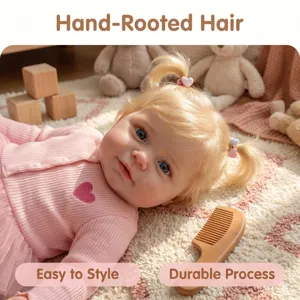 Detail of 20-inch realistic baby doll with hand-rooted blonde hair and pink outfit
