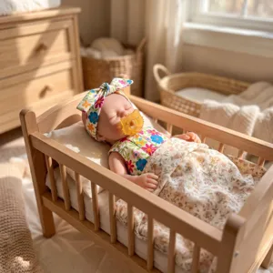 Vista detallada de una muñeca reborn de 8 pulgadas durmiendo en una cuna de madera.