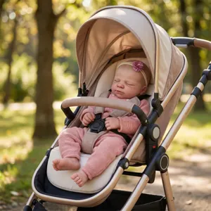 19-Zoll Reborn-Babypuppe im rosa Strickset in einem schicken beigen Kinderwagen