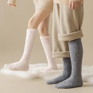 Thick Warm Coral Fleece Knee High Socks For Women Men Unisex Solid Color Fuzzy Winter Calf Socks Soft Thermal Home Socks
