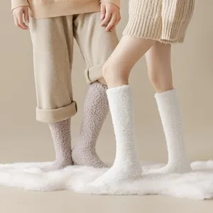 Soft thick solid color coral fleece knee-high house socks for men and women couple