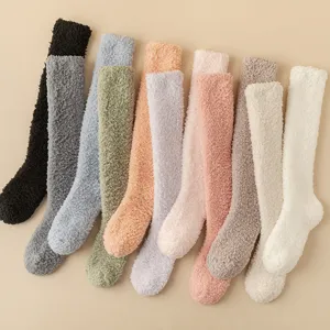 Soft thickened coral fleece fuzzy knee-high socks in multiple colors for home wear