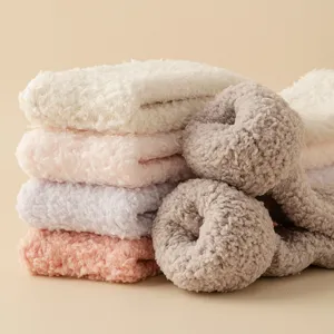 Thickened coral fleece calf socks in soft pastel colors for winter home wear