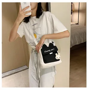 Japanse stijl canvas crossbody tas met schattige konijnenoren en pluche hanger