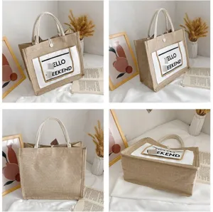 Multi-angle views of a minimalist large linen tote bag featuring Hello Weekend design