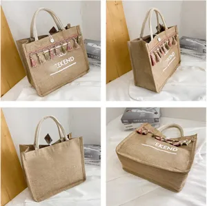 Collage showing various angles of a large jute tote bag with tassels and WEEKEND print