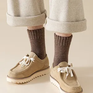 Men's 35% wool blend thick terry socks in solid brown, warm mid-calf style for winter