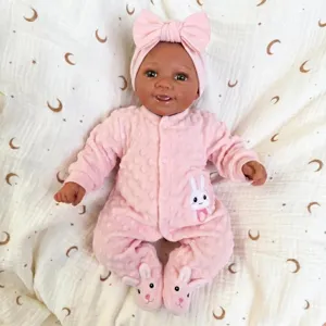 Realistic Reborn Baby Doll Vinyl Head Cloth Body African American Skin Pink Rabbit Print Bodysuit Bow Headband Toy Doll For Kids Birthday Gift