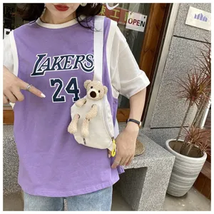 Casual white canvas chest bag for women featuring a cute 3D plush bear decoration