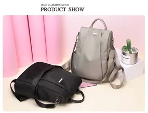 Detailed view of grey and black nylon anti-theft backpacks for women in an urban style